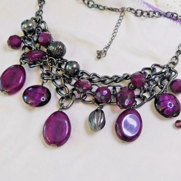 Purple Beaded Gunmetal Necklace and Purple Glass Earrings Set - Picture 3 of 5